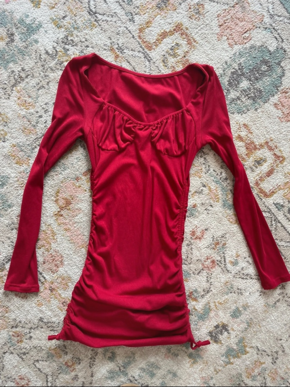 Red Long-Sleeve Mini Dress with Ruched Side Detail